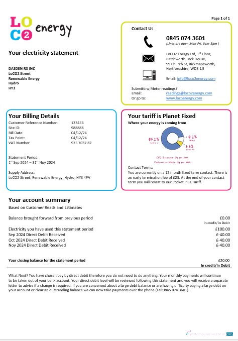 United Kingdom LoCO2 Energy business utility bill template in Word and PDF formats